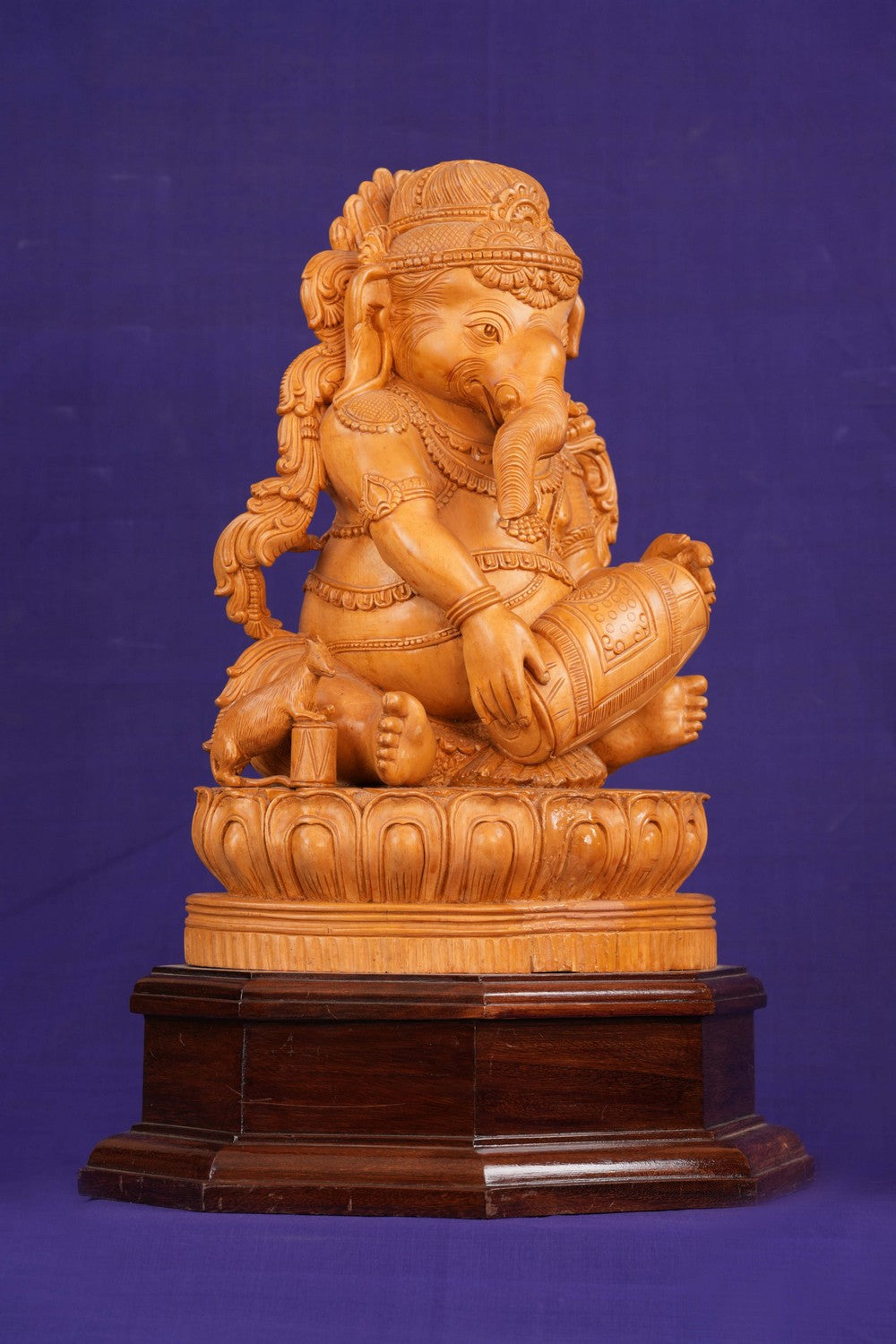 Image of White Cedar Wooden Sri Ganesh Statue Playing Dholak